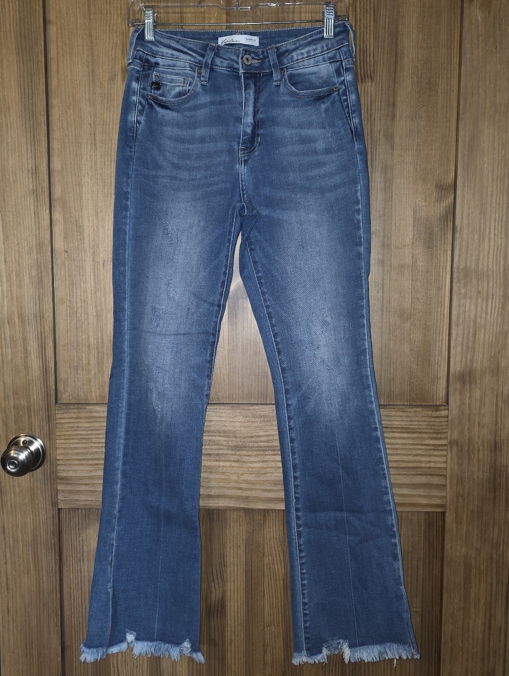 KanCan Women's Blue High-Rise Split  Bootcut Jeans with Raw Hem